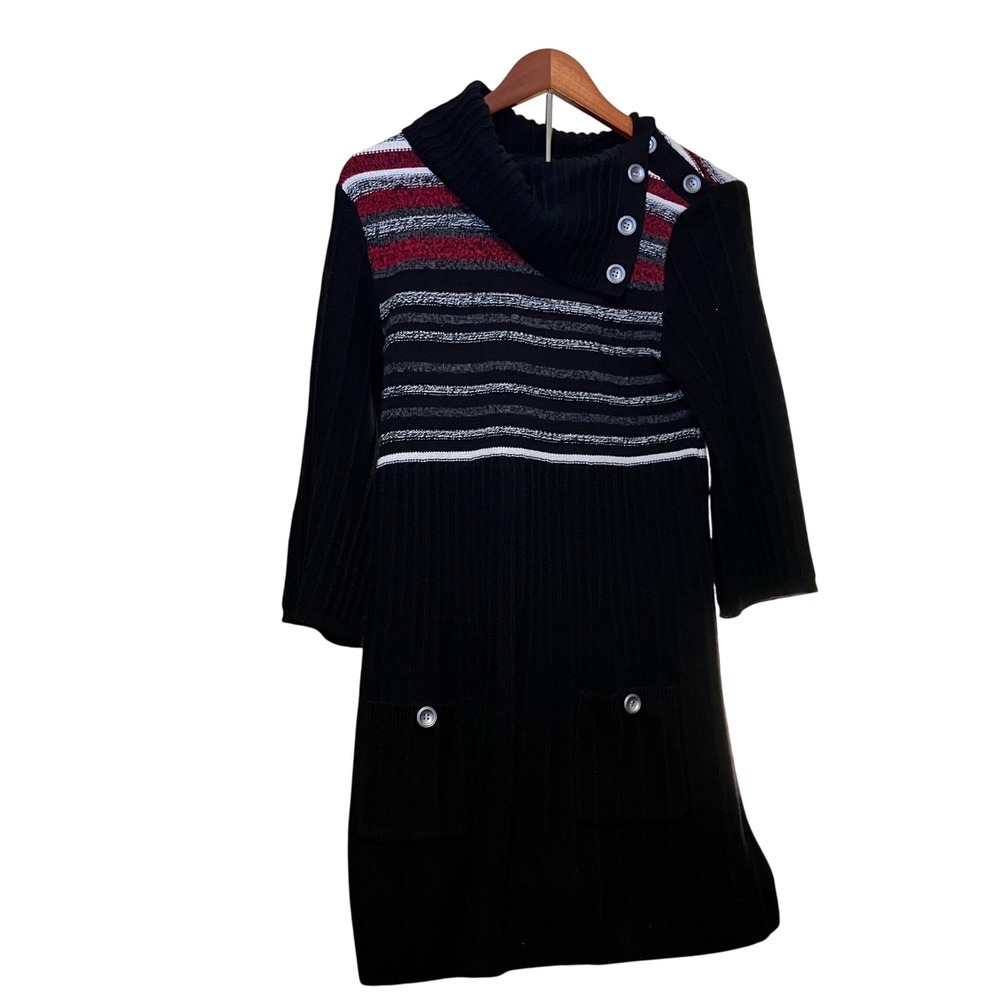 Style & Co Petite Size S Striped Cowl Neck Sweater Dress Black Red White